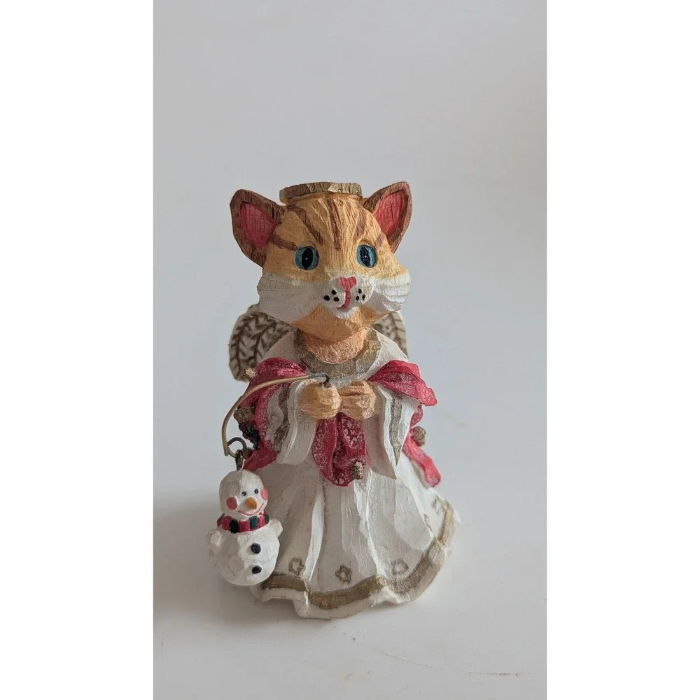 Orange Tabby Cat Angel Christmas Figurine with Snowman Folk Art Resin 4 Inch